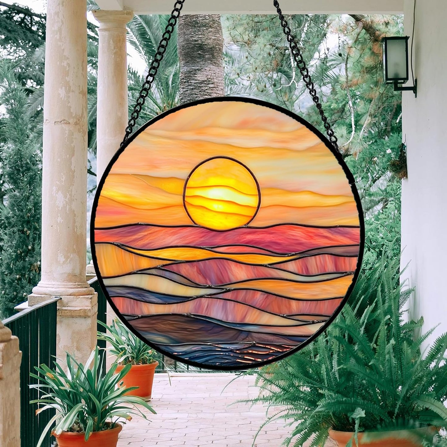 Stained Glass Window Hanging, Orange Sunrise Suncatcher Diamond Glass Panel Hangings Scenery Sun Catchers Decor for Birthday for Women, Men, Wife, Aunt, and Mom 9.8 in