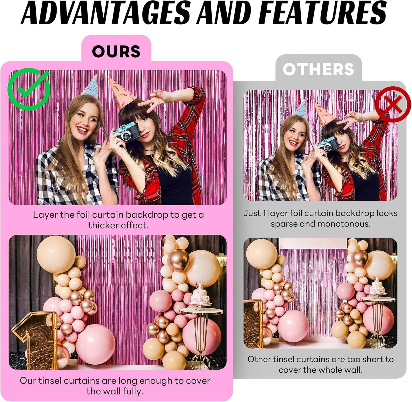 BTSD-home 10 Pack Pink Foil Fringe Curtain, Metallic Photo Booth Backdrop Tinsel Door Curtains for Wedding Birthday Bridal Shower Baby Shower Bachelorette Christmas Party Decorations(8ft x 3ft)