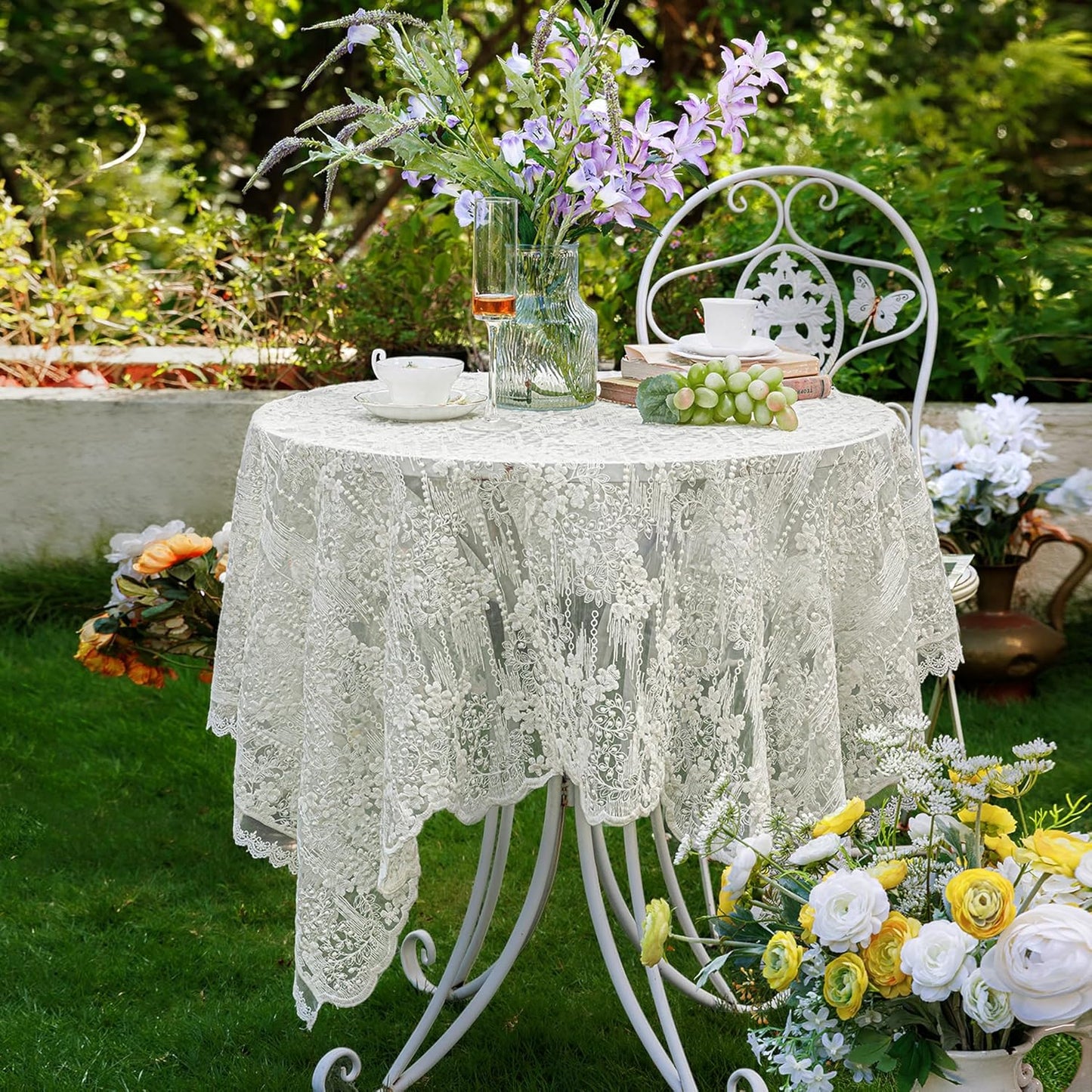 Lace Embroidered Tablecloth. Rectangle Lace Vintage Tablecloth Dustproof Table Protector for Kitchen Dining Room Party Banquet Home Picnic Wedding Decoration (Creamy White 98×53 inch)