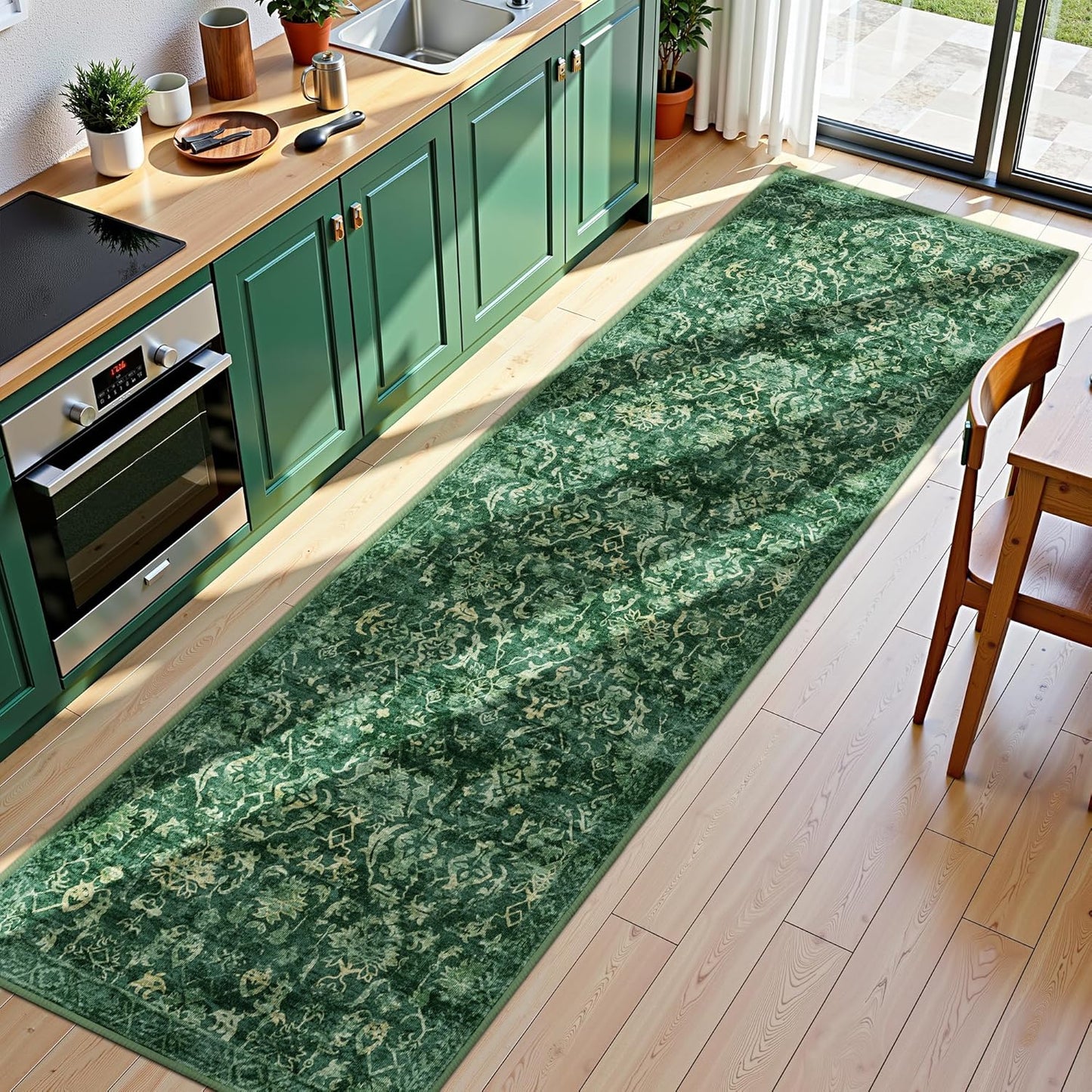 Dark Green 3x10 Runner Rug for Hallways Bed Side Kitchen, Boho Washable Distressed Low-Pile Floor Entryway Long Bathroom Mat, Non-Slip Laundry Room Washstand Front Carpet Green 36x84 Inch