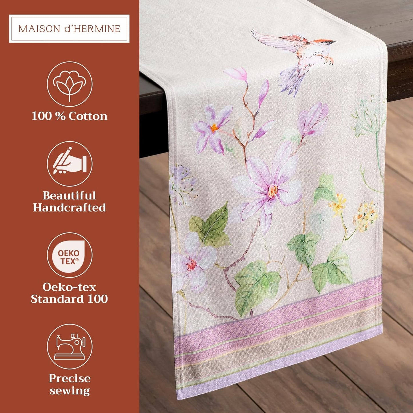 Maison d' Hermine Table Runner 100% Cotton Double Layer Table Runners 72 inches Long Decorative for Home Kitchen Dining Party Wedding Bridal Shower Spring Summer (Magnolia Mornings, 14.50" x 72")
