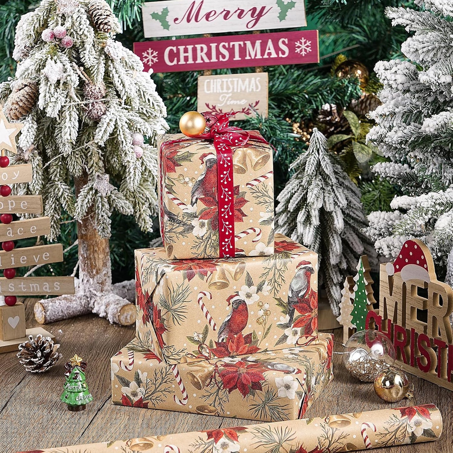 RUSPEPA Kraft Christmas Wrapping Paper Roll, Mini Roll, Cardinal Bird, Poinsettia, Golden Bell and Candy Cane Design, Vintage Kraft Gift Wrap for Women, Family, Xmas Holiday, 17 Inches x 16.4 Feet