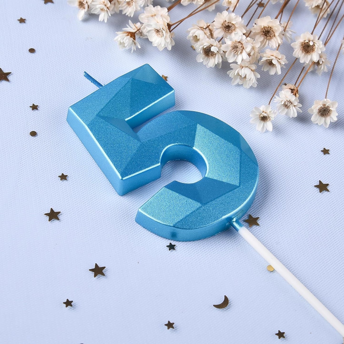 PHD CAKE 2.76 Inch Crystal Blue 5 Number Birthday Candles, Blue Cake Candles for Party Celebration