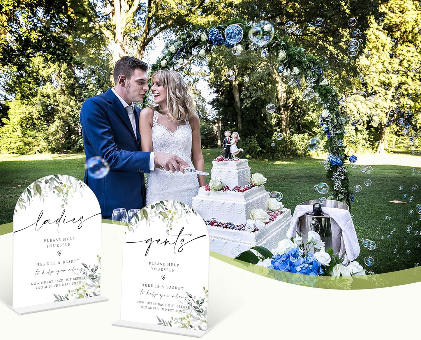 2 Pcs Greenery Wedding Bathroom Ladies & Gents Signs, 6 x 8 Inch White Arch Acrylic Wedding Sign with Holder, Wedding Sign for Ceremony and Reception, Wedding Decoration, Wedding Supplies - LY32