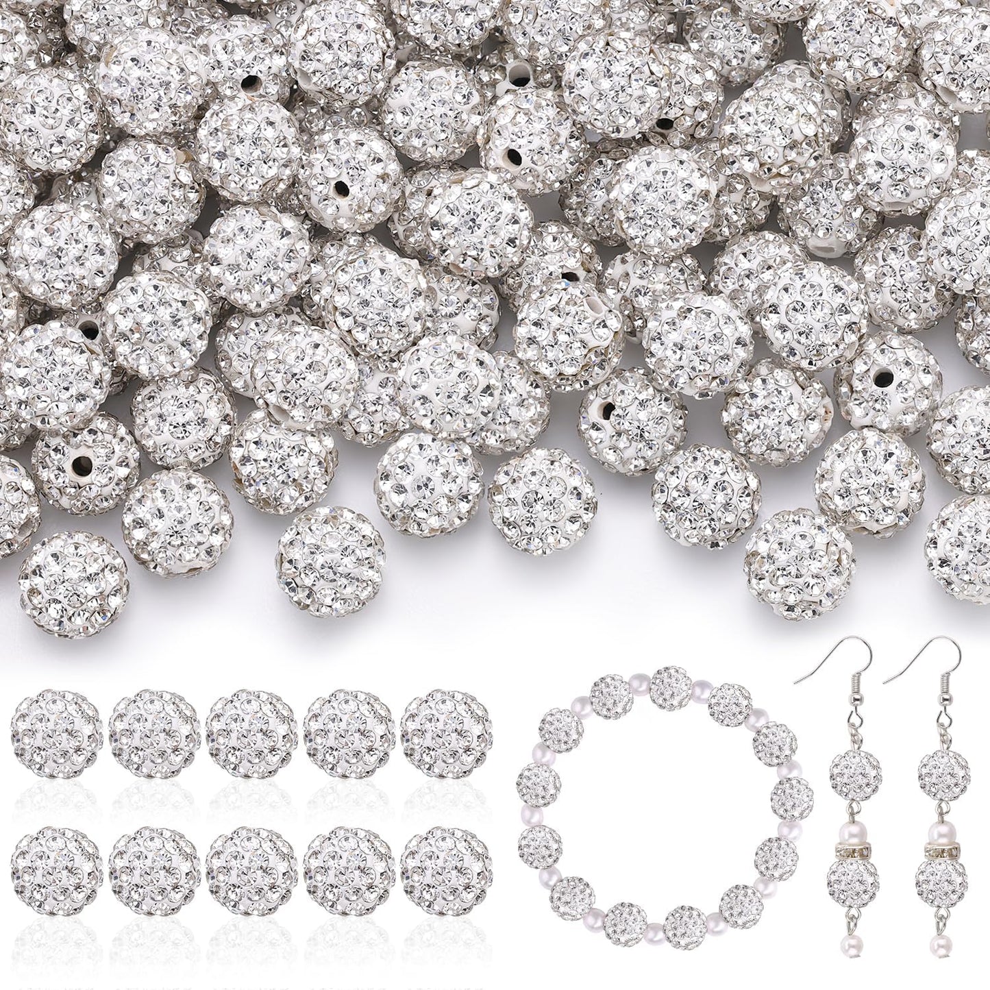 160pcs 10mm Rhinestone Beads for Jewelry Making, White Shiny Round Disco Ball Beads Bulk, Sparkle Crystal Clay Christmas for Bracelet Baseball Necklace Earring Crafting and DIY