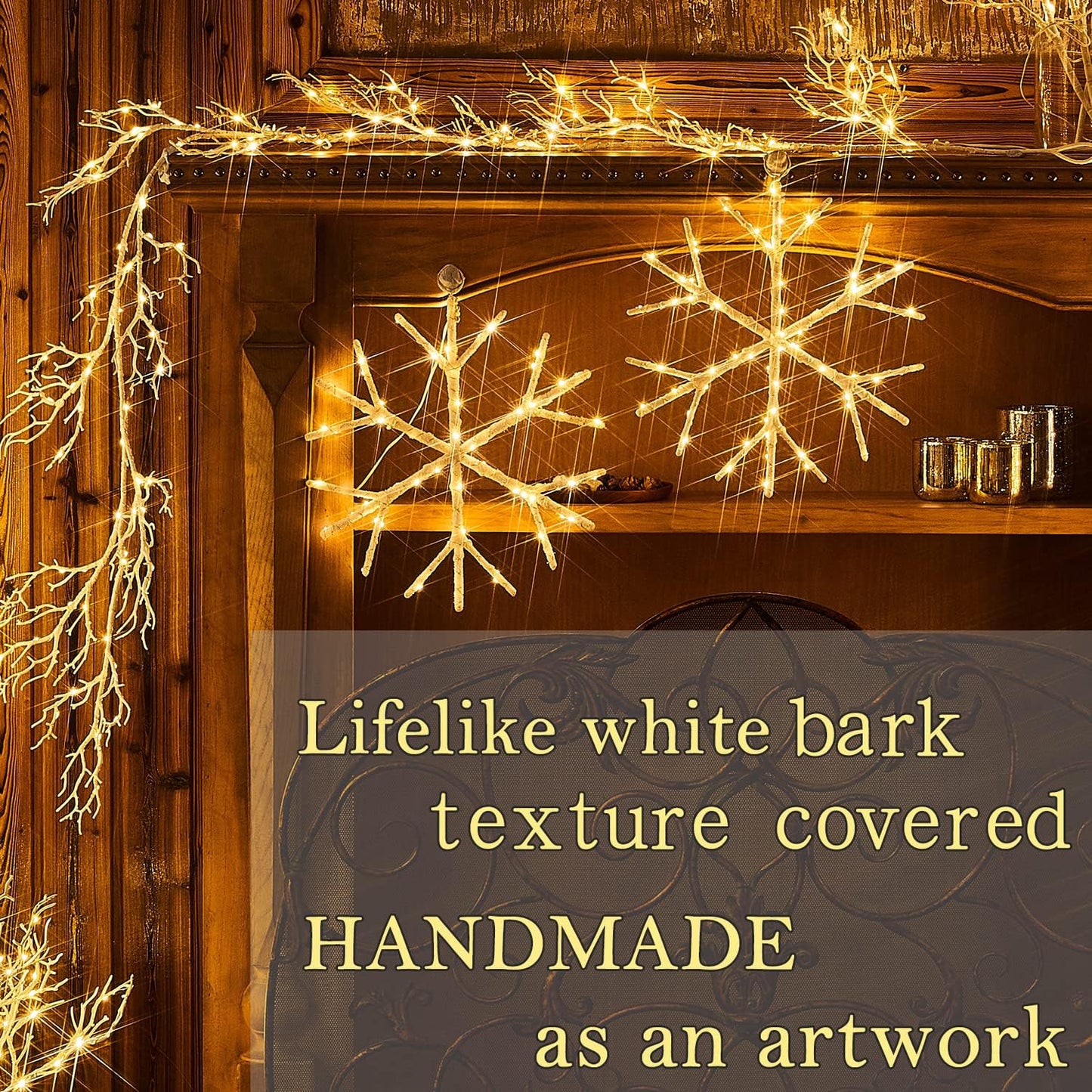 Fudios Snowflake Lights Warm White Battery Operated with Timer 70 LED 14in for Christmas Wall Window Decoration 2sets