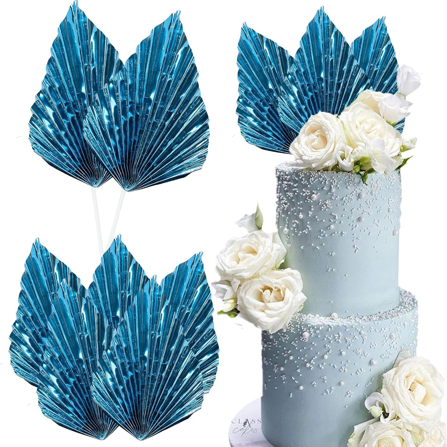 Ephlyn 6Pcs Paper Palm Leaves Fan Cake Toppers Palm Leaf Fan Cake Picks Craft DIY Fan Cupcake Toppers Palm Spear Leaves Cake Decorations for Baby Shower Wedding Birthday Party Supplies Bright Blue