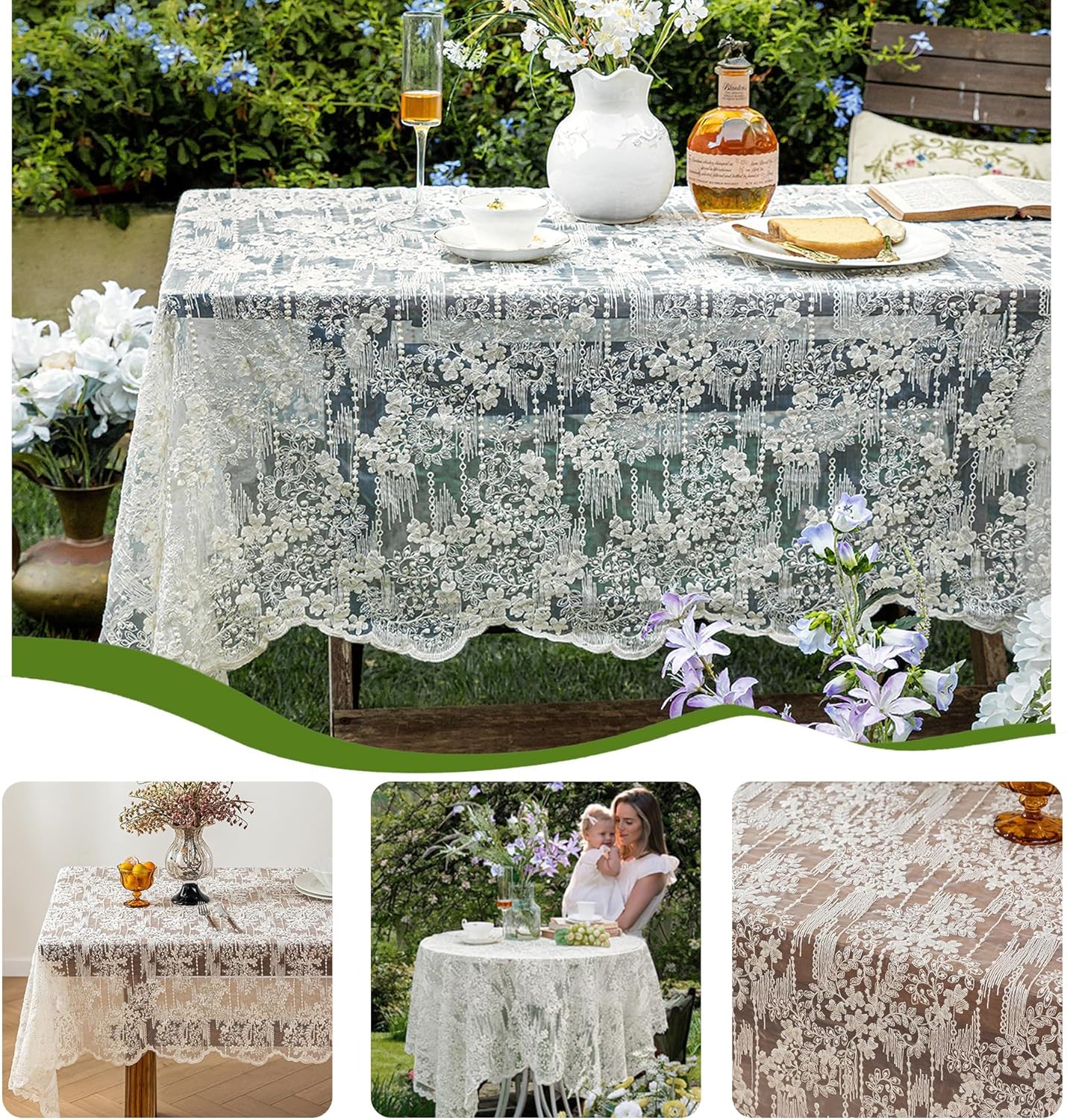 Lace Embroidered Tablecloth. Square Lace Vintage Tablecloth Dustproof Table Protector for Kitchen Dining Room Party Banquet Home Picnic Wedding Decoration (Creamy White 53×53 inch)