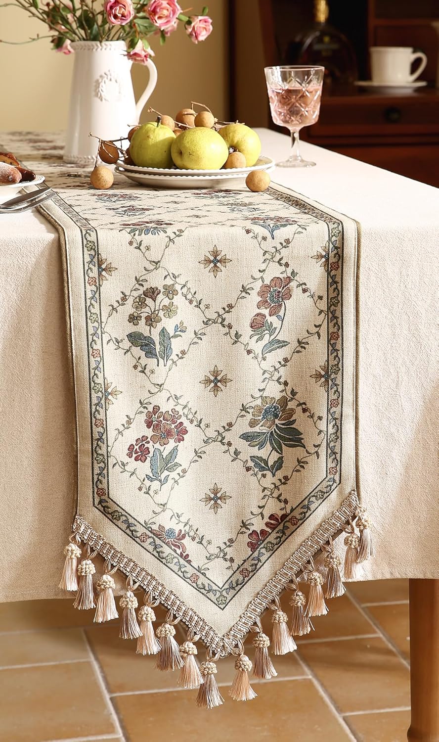 patdrea Designer Vintage Floral Linen Table Runner 102 Inch Long,Beige Cottage Rustic Bouquets Pattern Table Mat,Decor for Kitchen Dining Table Coffee Table Cabinet Banquet Christmas ,12"*102"