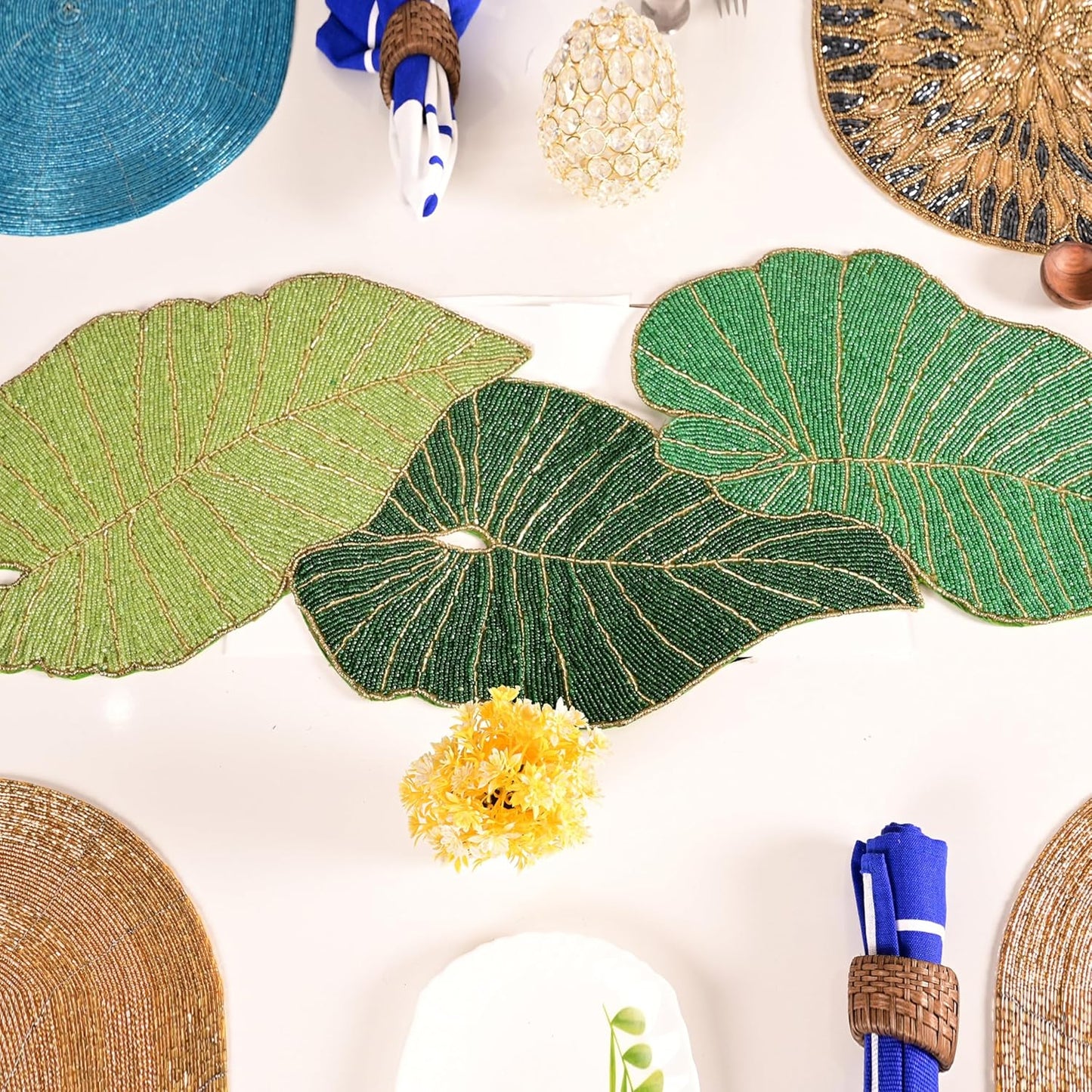 Luxury Beaded Table Runner - 13x36 Inches Handcrafted Leaf Pattern with Glass Beads & Polyester Back - Elegant Table Decor for Dining, Coffee Table & Events (Green) - CLEENTABLE