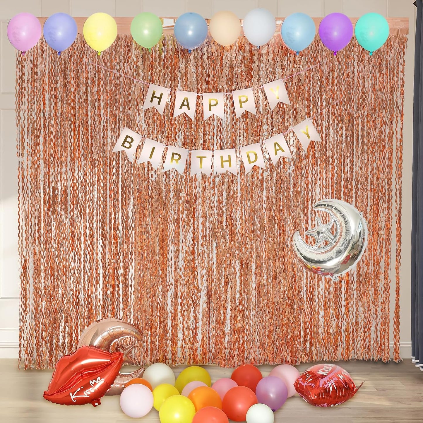4 Pack Rose Gold Backdrop Birthday Decorations - 3.3x6.6ft Wavy Tinsel Foil Backdrop Party Streamer Party Supplies Background | Tinsel Curtain Backdrop for Parties
