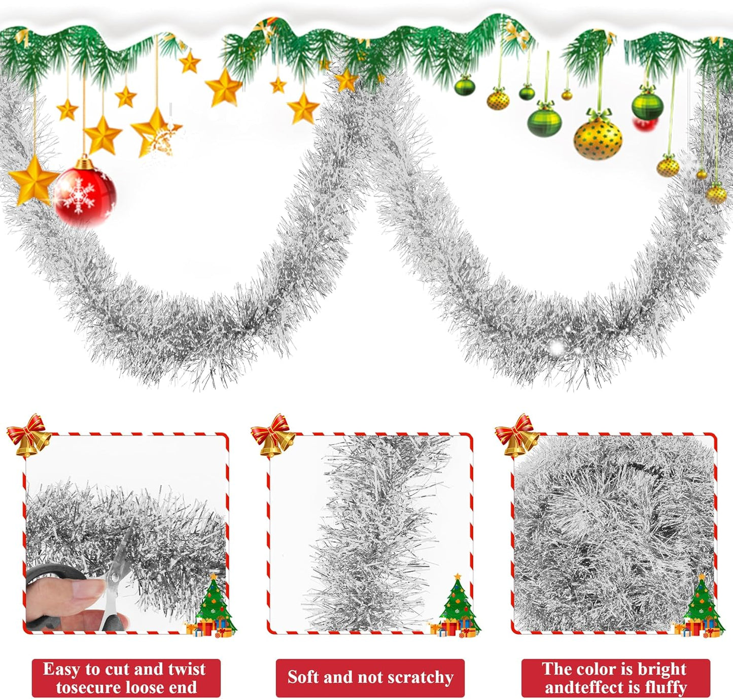 32.8 Ft Silver Christmas Tinsel Garland Metallic Shiny Tassle Banner Wall Hanging Tinsel Streamers Backdrop for Christmas Holiday Birthday Supplies Indoor Outdoor Ornaments Home Decor