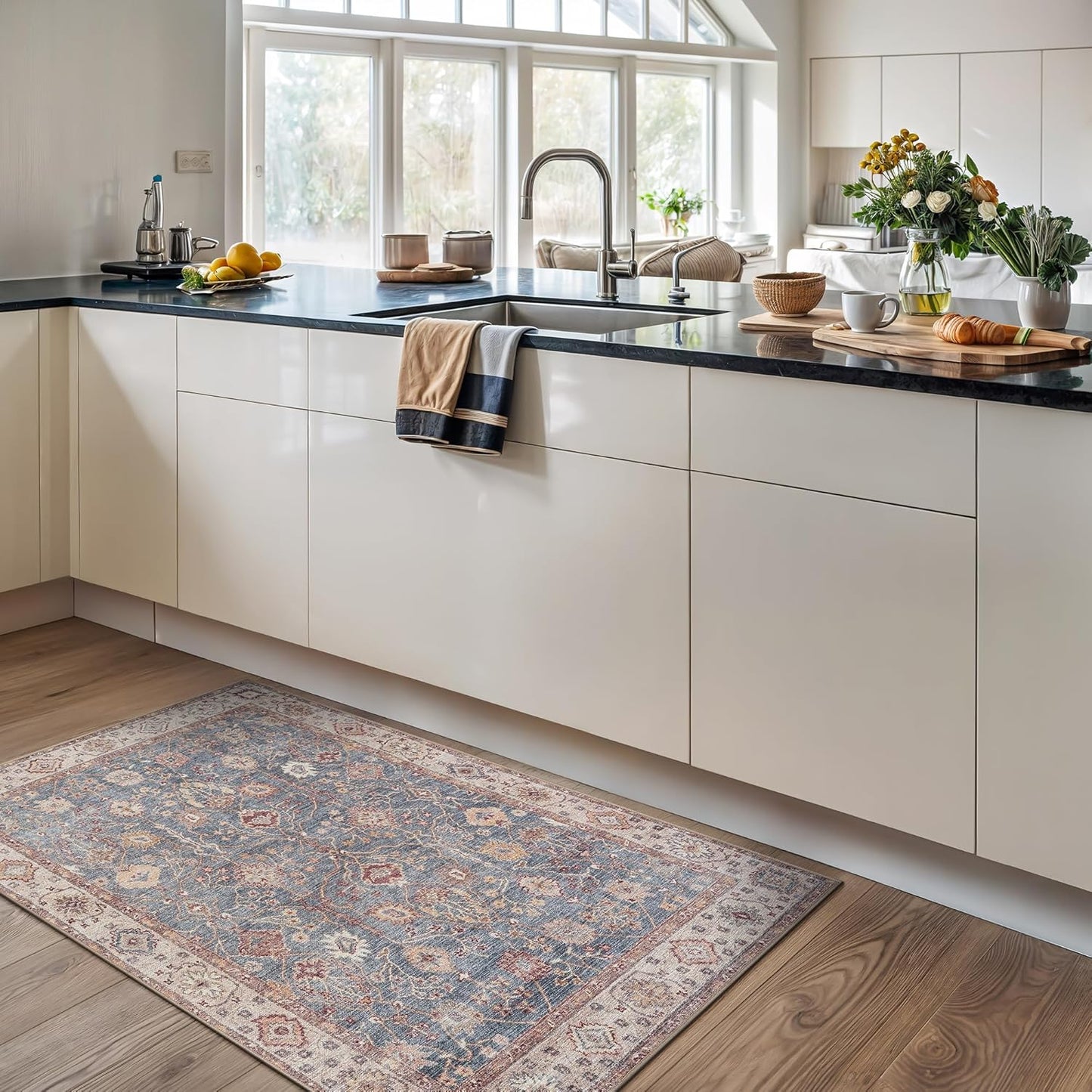 Bloom Rugs Washable Non-Slip 3' x 5' Rug - Beige/Blue Traditional Bordered Area Rug for Living Room, Bedroom, Dining Room, and Kitchen - Exact Size: 3' x 5'