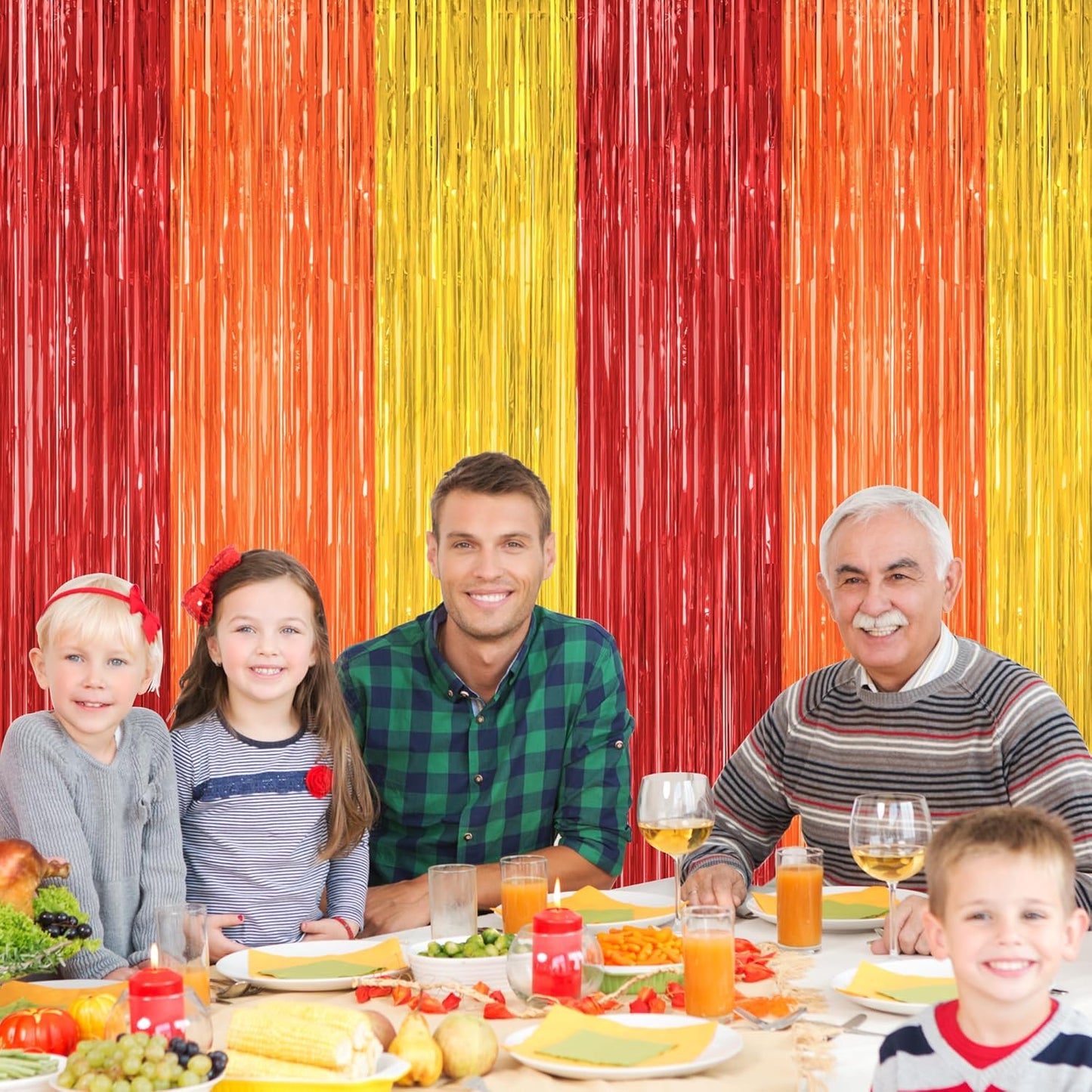 2 Pack Thanksgiving Backdrop, 3.28 FT x 7.05 FT Red Orange Gold Party Streamer, Metallic Fringe Curtains Foil Streamer Tinsel Backdrop, Thanksgiving Party Decorations Photo Props Wall Decor