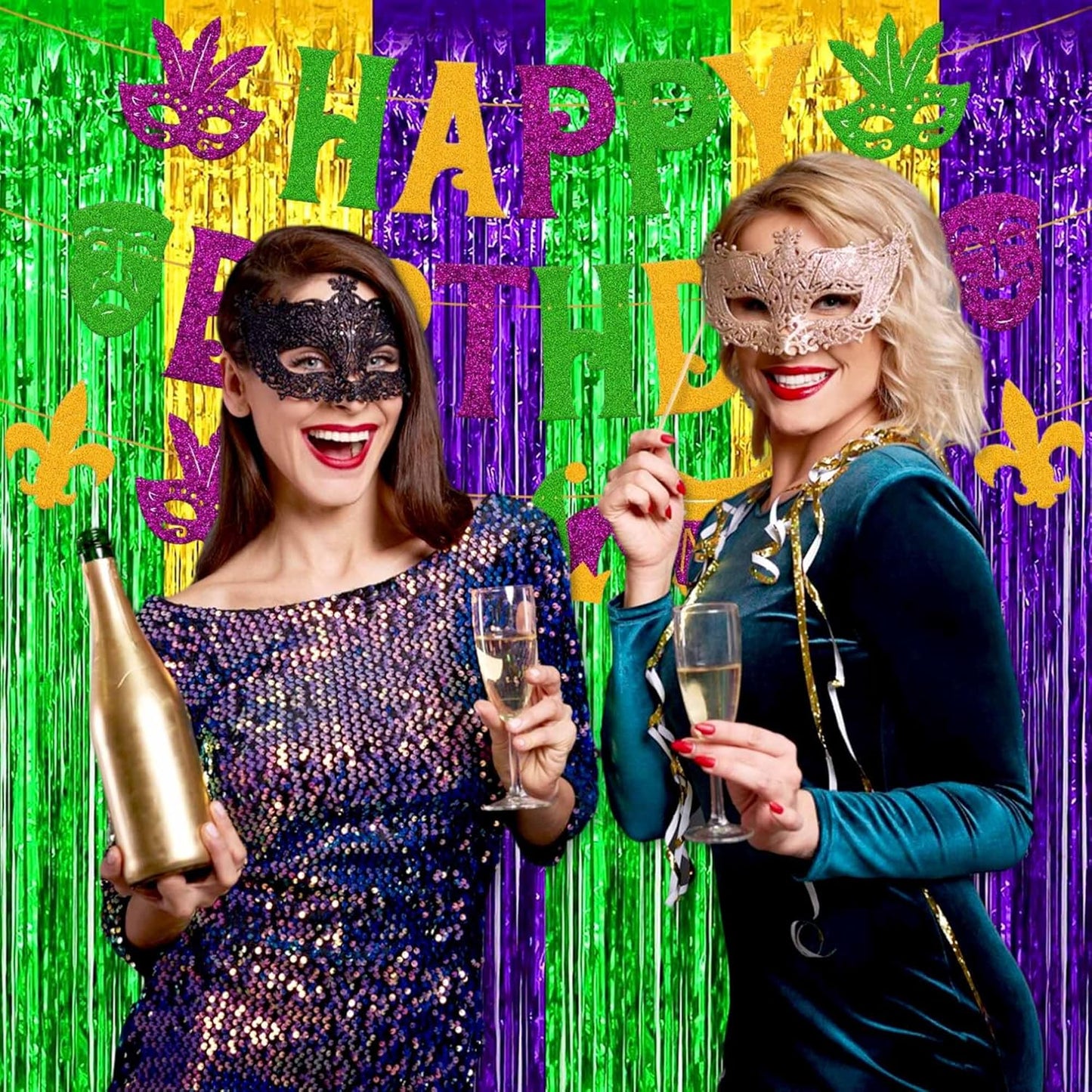 3 Pack Gold Green Purple Foil Fringe Curtains Backdrop, 3.28 x 9.8 Ft Metallic Streamers Tinsel Curtains Background for Photo Booth, Birthday, Halloween, Christmas, New Year Party Decorations