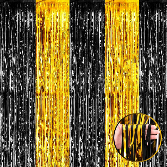 4 Pack Black Gold Foil Fringe Curtain Backdrop, 3.28Ft x 8.2Ft Metallic Tinsel Foil Fringe Streamers Curtains for Photo Booth, Wedding, Graduation, Birthday, Carnival Party Decoration