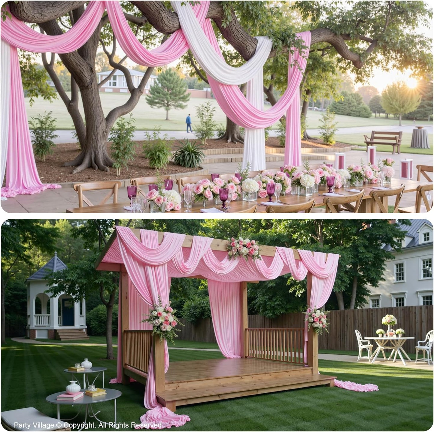PartyVillage 4 Panels 5ftx30ft Baby Pink Ceiling Drapes for Wedding Parties – 30 FT Extra Long Thick Polyester Wrinkle-Free Drapery Tent Decor Decorations for Birthday Party Ceremony Stage Swag