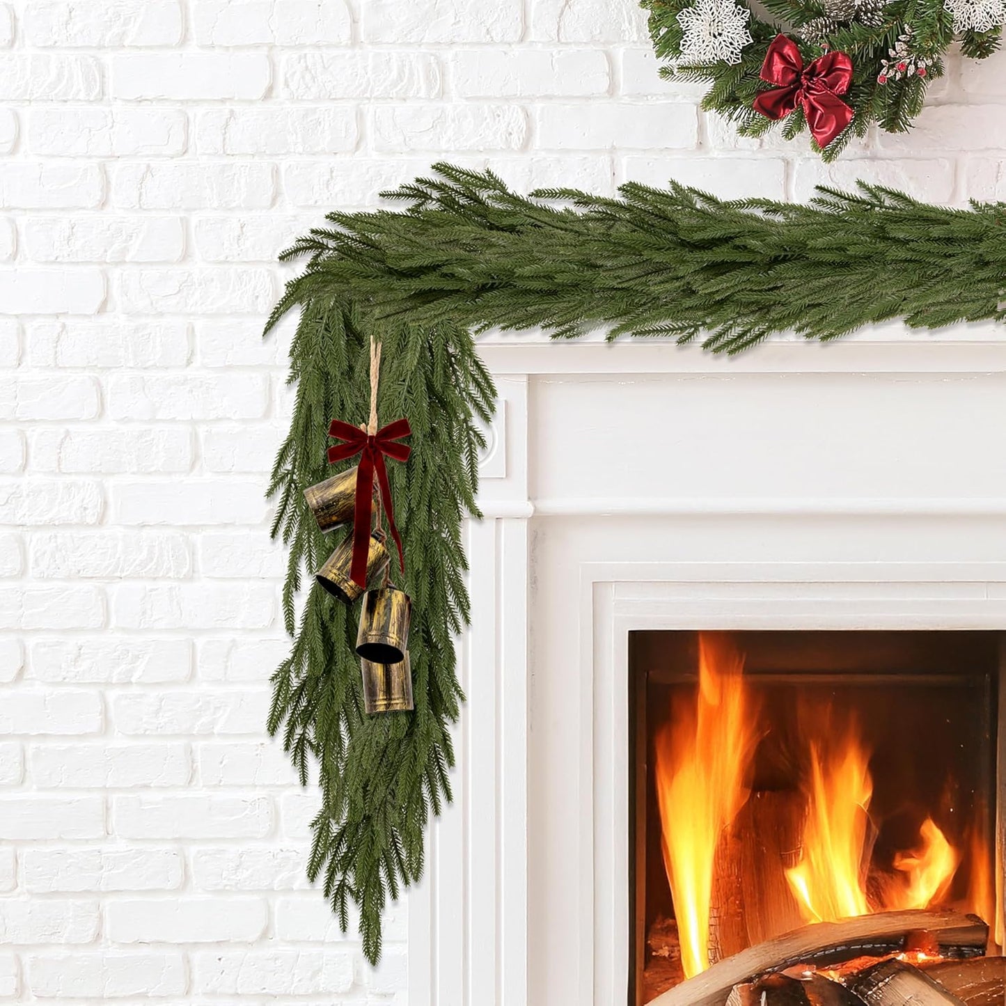 2 Pcs 6FT Christmas Garlands Norfolk Pine Garland - Real Touch Winter Pine Garland, Artificial Norfolk Tree for Indoor Outdoor Holiday Decor, Fireplace Mantel, Door, Porch (Burgundy Bell)