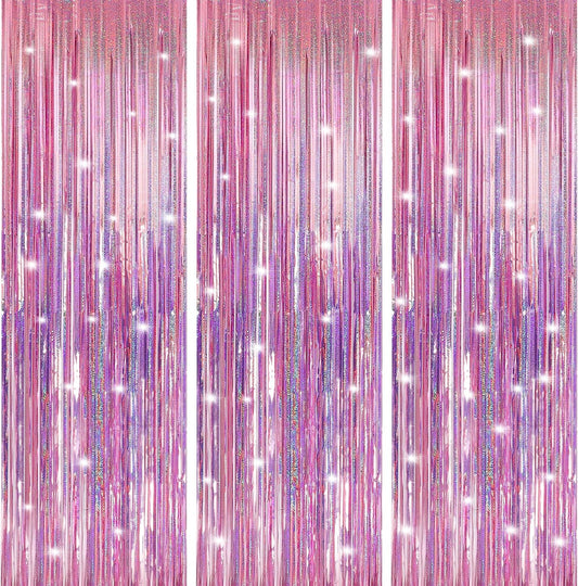 Crosize 3 Pack 3.3 x 9.9 ft Pink Foil Fringe Backdrop Curtain, Streamer Backdrop Curtains, Streamers Birthday Party Decorations, Tinsel Curtain for Parties, Galentines Decor, Preppy, Photo Booth