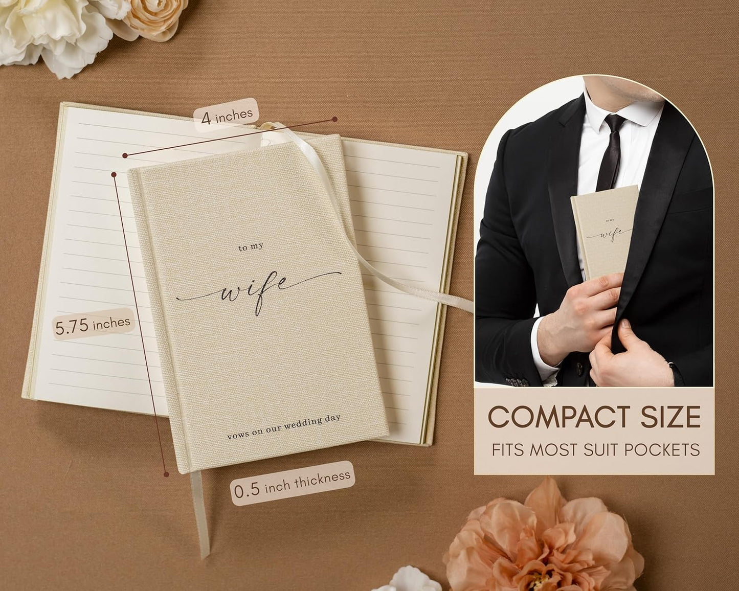 To My Husband/Wife Hardcover Vow Books (Set of 2) - 5.75 x 5 Minimalist Pocket Sized Black Embossed Wedding Ceremony Vow Renewal Speech Notebook