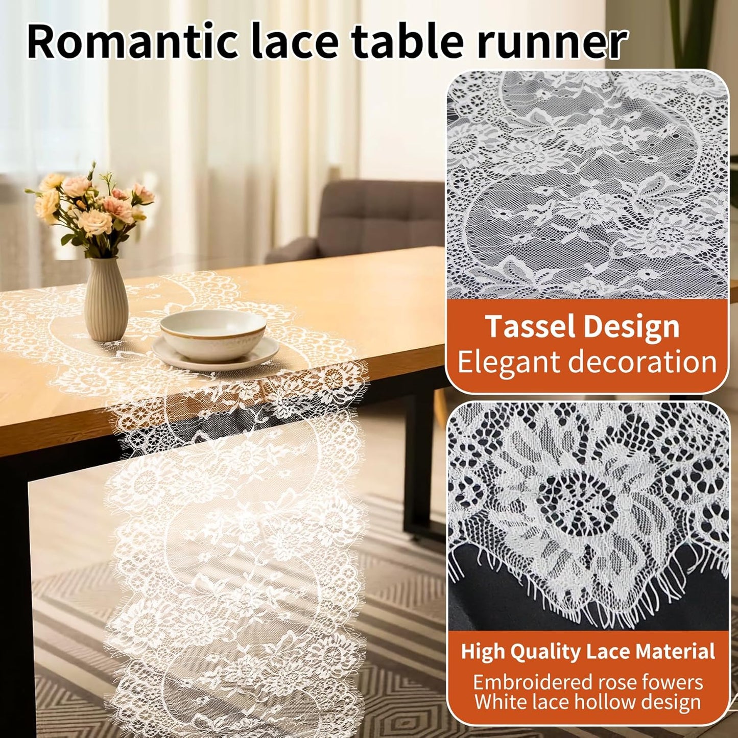 HAIBAS 12 Pcs White Lace Table Runners 14 x 120 Inch Boho Rose Embroidered Floral Vintage Rustic Table Decoration for Wedding Party Bridal Shower Decorations