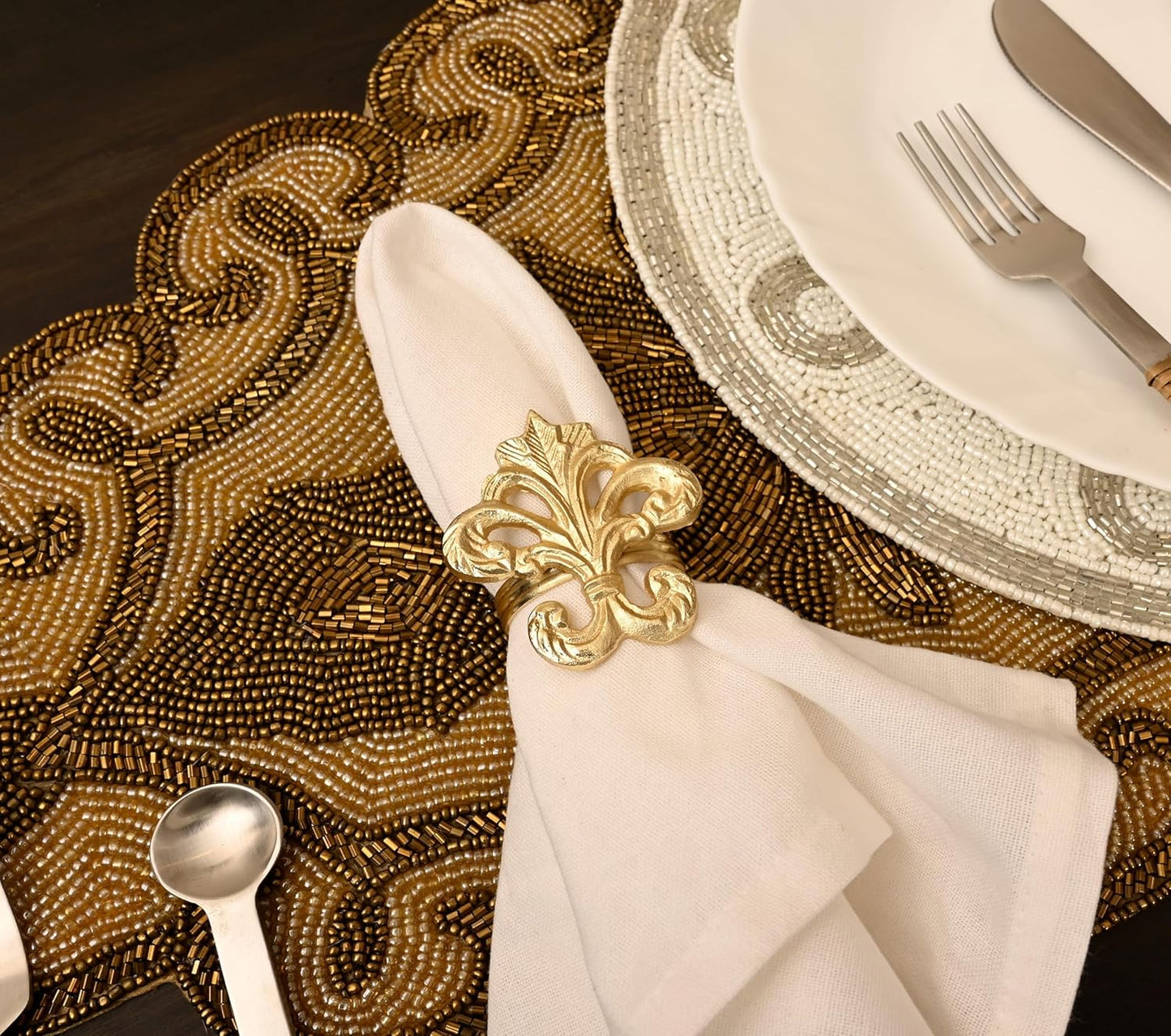 Lightweight Metal Napkin Rings Set of 12 - Fleur-de-Lis Napkin Holders for Dining Table, Weddings, and Special Events - Elegant Table Décor for Home & Restaurants (Gold) - CLEENTABLE