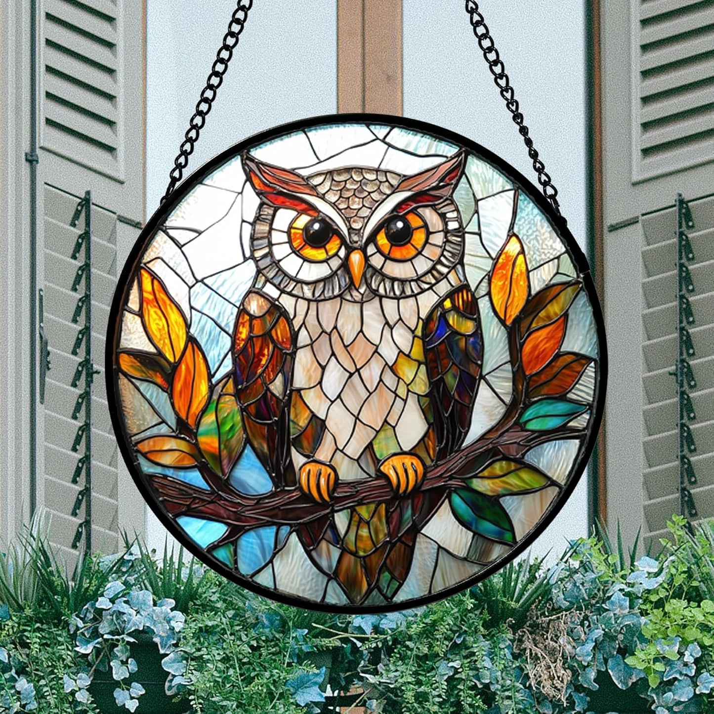 Stained Glass Window Hanging, Owl Colorful Leaves Birds Sun Catchers Diamond Glass Panel Hangings Suncatcher Decor for Birthday for Women, Men, Wife, Aunt, and Mom 14.9x14.9 in