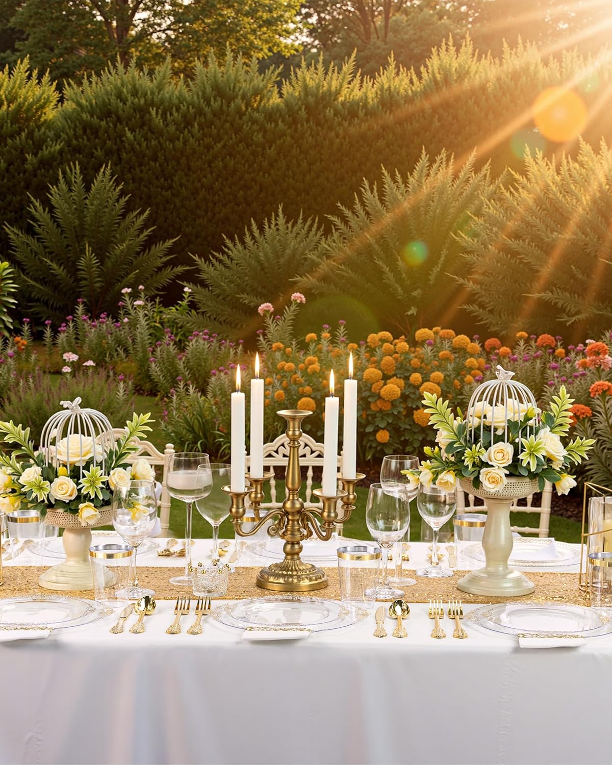 Nervure 350PCS Clear Gold Plastic Plates - Gold Plastic Dinnerware Sets for 50 Guests - 100 Disposable Plates, 150 Silverware, 50 Cups, 50 Napkins for Wedding & Party & Thanksgiving