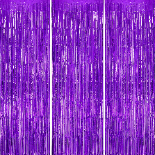 3 Pack Foil Fringe Backdrop - Purple Shiny Tinsel Curtains for Party Decoration/Photo Booth Props - 3.3x8.2 FT Metallic Foil Backdrop for Birthday, Wedding, Graduation, Christmas.
