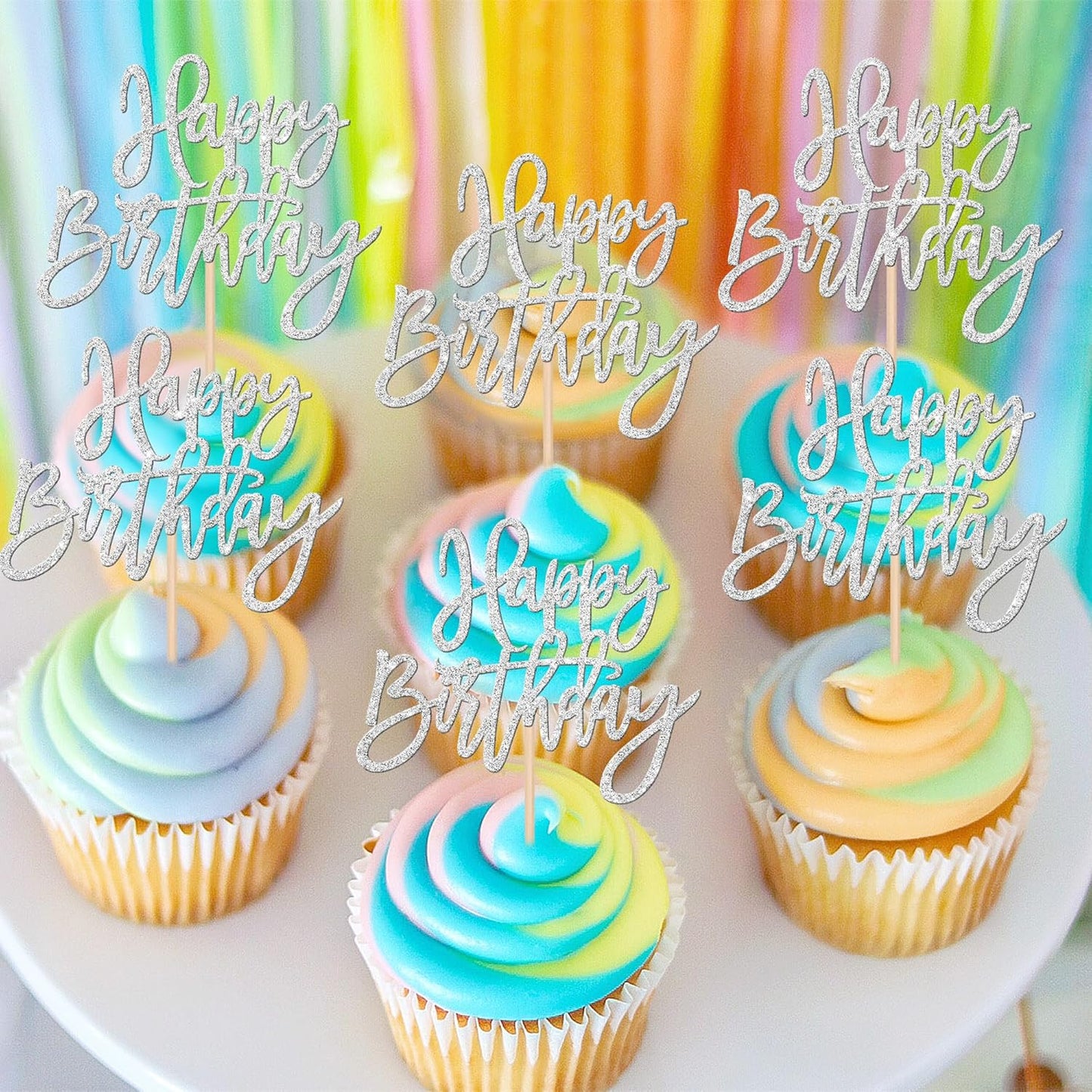 24 PCS Glitter Cupcake Toppers - Silver Happy Birthday & Anniversary Picks
