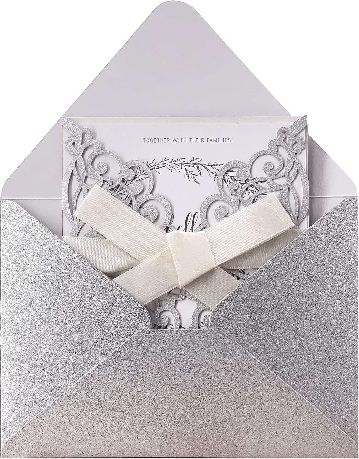 50Pcs Laser Cut Wedding Invitation With Glitter Envelopes And Ribbons Blank Personalized Card Invitaciones Para quinceañera Birthday Baby Shower Christmas Party Bridal Shower (Silver)