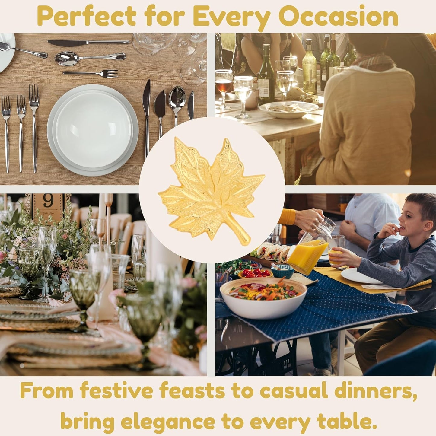 Set of 12 Maple Leaf Napkin Rings - Handcrafted Aluminum Napkin Holders for Cloth & Paper Napkins, Elegant Table Décor for Wedding Receptions Thanksgiving Christmas Holiday Parties (Gold) CLEENTABLE