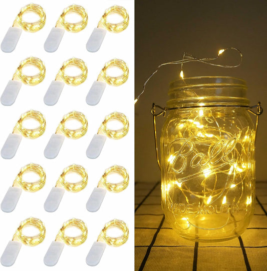 15 Pack Fairy Lights Battery Operated, 6.6ft 20 LED Mason Jar Lights Silver Wire Waterproof Firefly Mini Led String Lights for Table Party Wedding Centerpiece DIY Crafts Christmas Decor