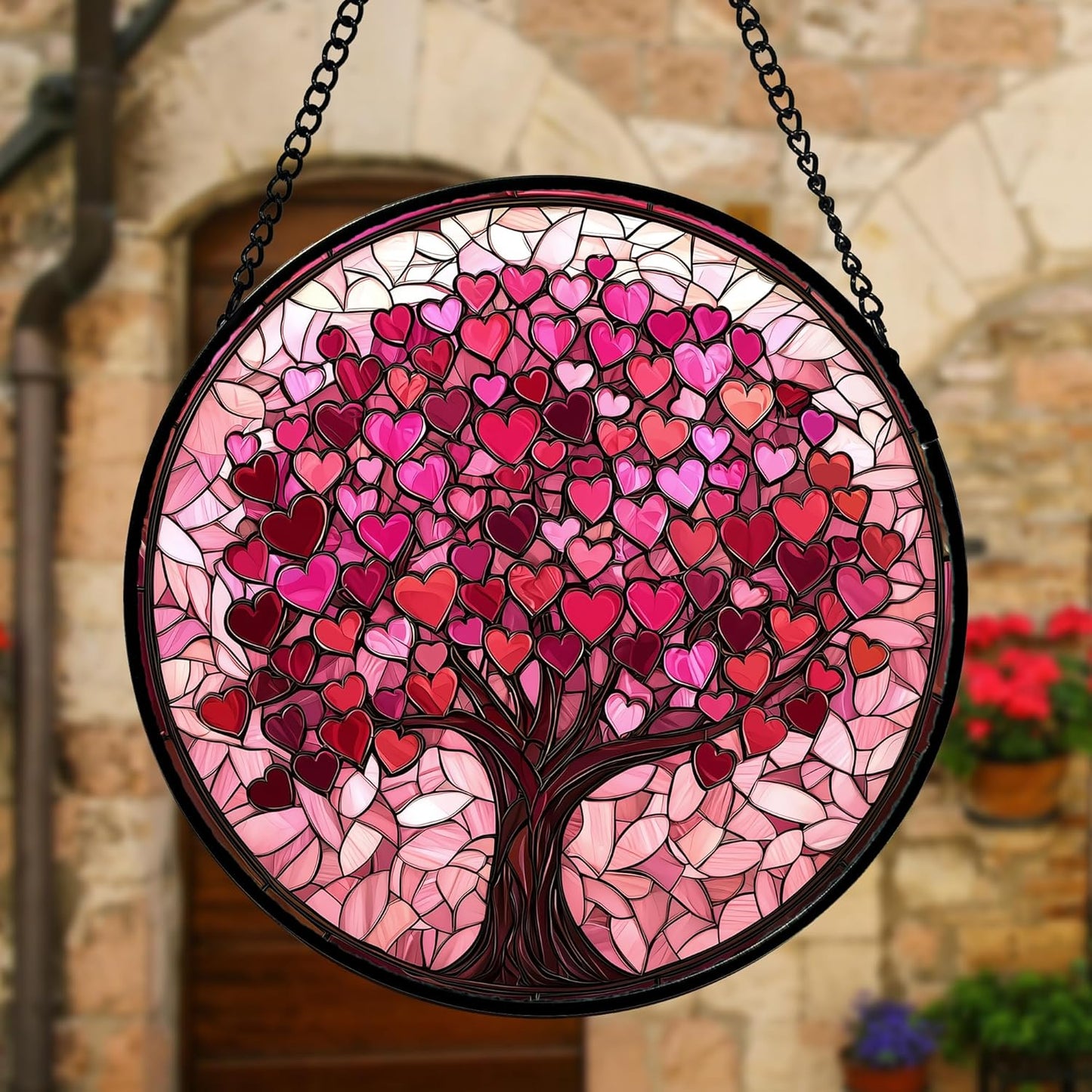 Stained Glass Window Hanging - DASTOLL, Birthday Gifts for Women Men Mom Dad, Pink Love Tree Suncatcher for Doors Window Home Sun Catchers Decor 7.8 in