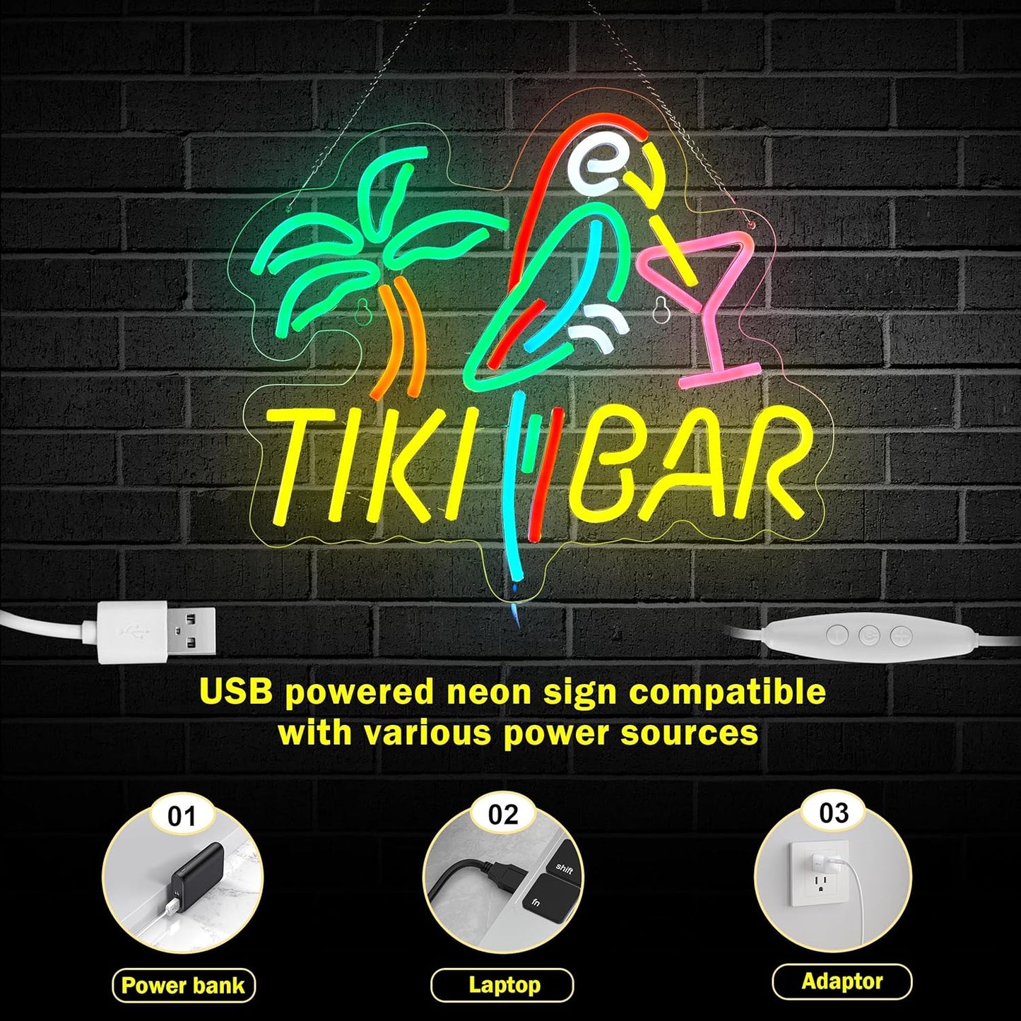 Tiki Bar Neon Sign for Wall Décor Dimmable LED Parrot Palm Tree Cocktails Signs for Beer Bar Art Man Cave Light Decor