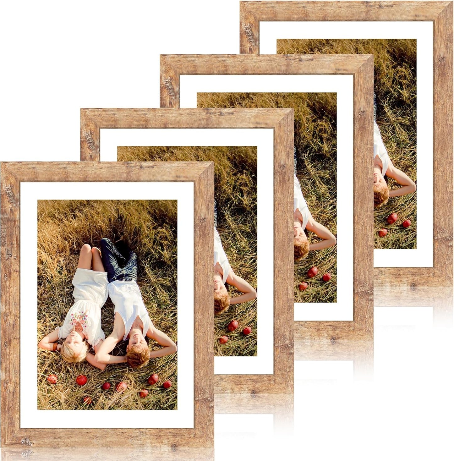 10x14 Picture Frame Set of 4 with Tempered Glass, Rustic Brown Frame Display 8x12 Pictures with Mat or 10 x 14 Without Mat, Wooden Photo Frames for Wall Mounting