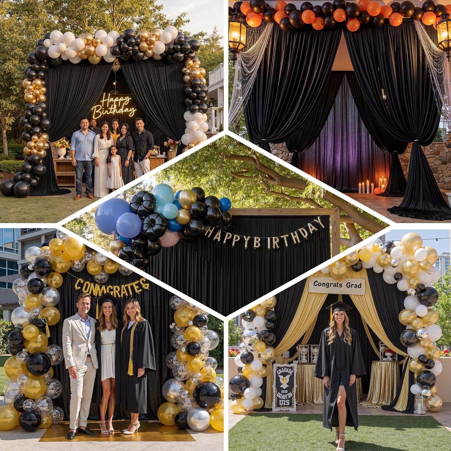 PartyVillage 60ft×15ft Black Backdrop Curtain for Halloween Parties, 12 Panels Wrinkle Free 15 FT Long Polyester Photo Backdrop Drapes Back Drop Cloth for Birthday Photography Background