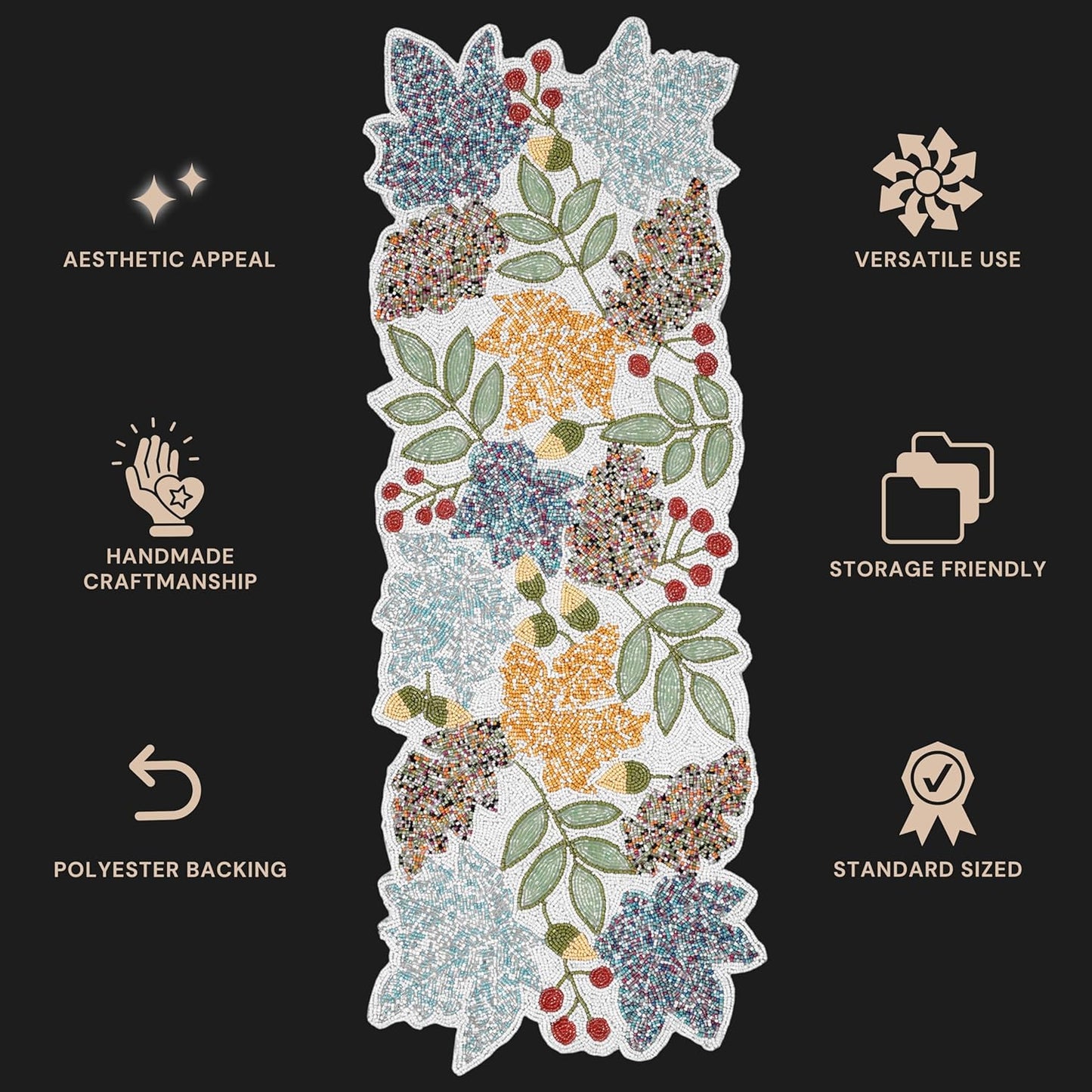 Boho Beaded Table Runner - 36" Handcrafted Glass Beads Floral Design with Durable Non-Slip Polyester Backing for Dining, Coffee Table & Special Occasions (Multi) - CLEENTABLE