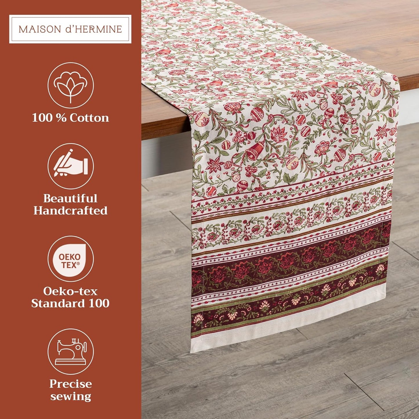 Maison d' Hermine Table Runner 100% Cotton Single Layer Table Runners 72 inches Long for Thanksgiving Christmas Decorations Home Kitchen Dining Party Wedding (Reveillon Au Jardin, 14.5" x 72")