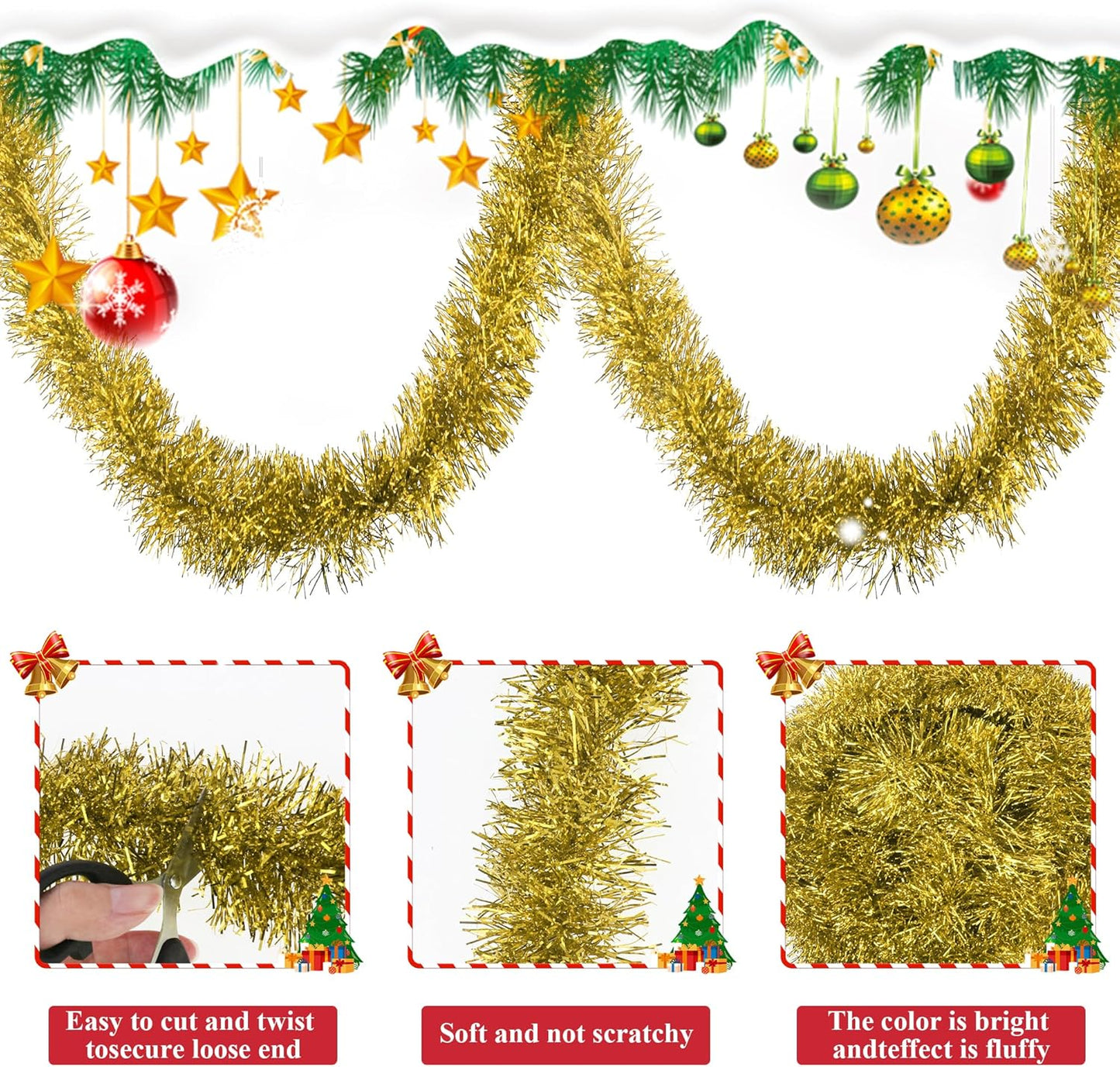 32.8 Ft Gold Christmas Tinsel Garland Metallic Shiny Tassle Banner Wall Hanging Tinsel Streamers Backdrop for Christmas Holiday Birthday Party Supplies Indoor Outdoor Ornaments Home Decor