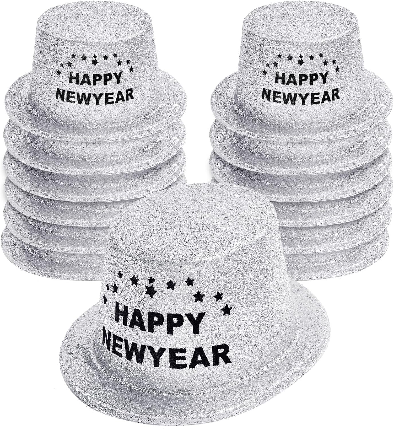 Hillban 12 Pcs Top Hats Halloween Glitter Plastic Retro Disco Party Hats for Halloween Magician Birthday Wedding Carnivals(Silver with Letter,Novel)