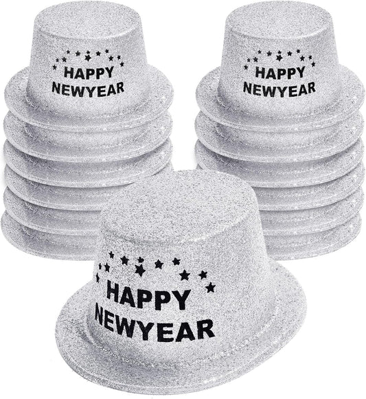 Hillban 12 Pcs Top Hats Halloween Glitter Plastic Retro Disco Party Hats for Halloween Magician Birthday Wedding Carnivals(Silver with Letter,Novel)