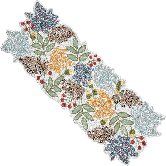 Boho Beaded Table Runner - 36" Handcrafted Glass Beads Floral Design with Durable Non-Slip Polyester Backing for Dining, Coffee Table & Special Occasions (Multi) - CLEENTABLE