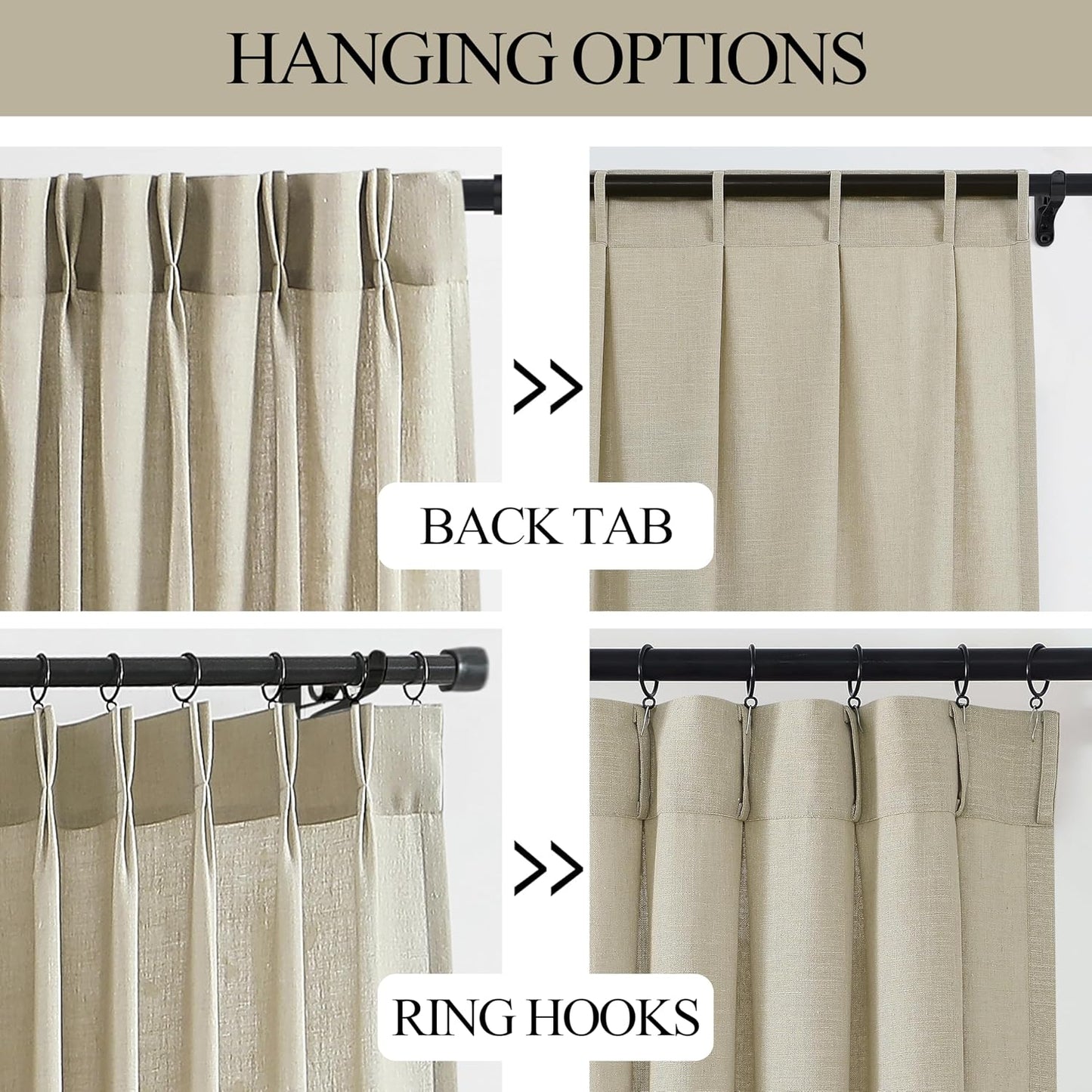 Vision Home Sand Pinch Pleated Semi Sheer Curtains Textured Linen Blended Light Filtering Window Curtains 72 inch for Living Room Bedroom Pinch Pleat Drapes with Hooks 2 Panels 40" Wx72 L,Camel Beige