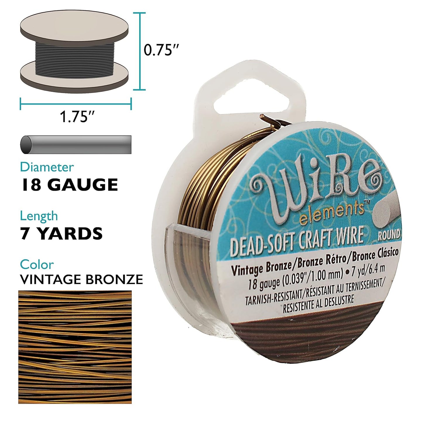 The Beadsmith Wire Elements Craft Wire – Tarnish Resistant, Soft Temper, Round, Vintage Bronze Color – 1mm, 18 Gauge, 7 Yard Spool – Jewelry Making, Wire Wrapping, Floral, & Other DIY Crafts