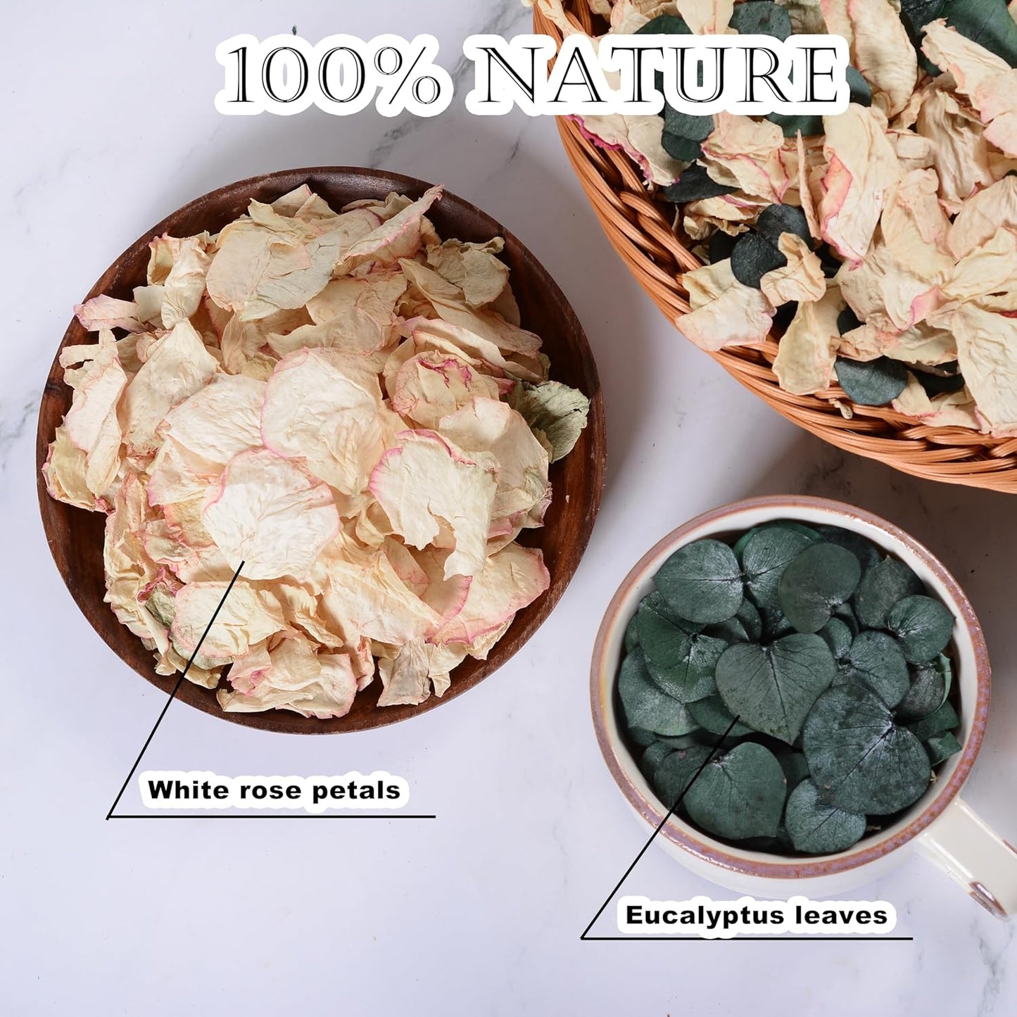 Oning 20+ Cups of Mix Dried Bio Flower Rose Petals Confetti, 2 QT Ivory White Roses & Eucalyptus Leaves, Real Petals for Wedding Parties Romantic Gifts
