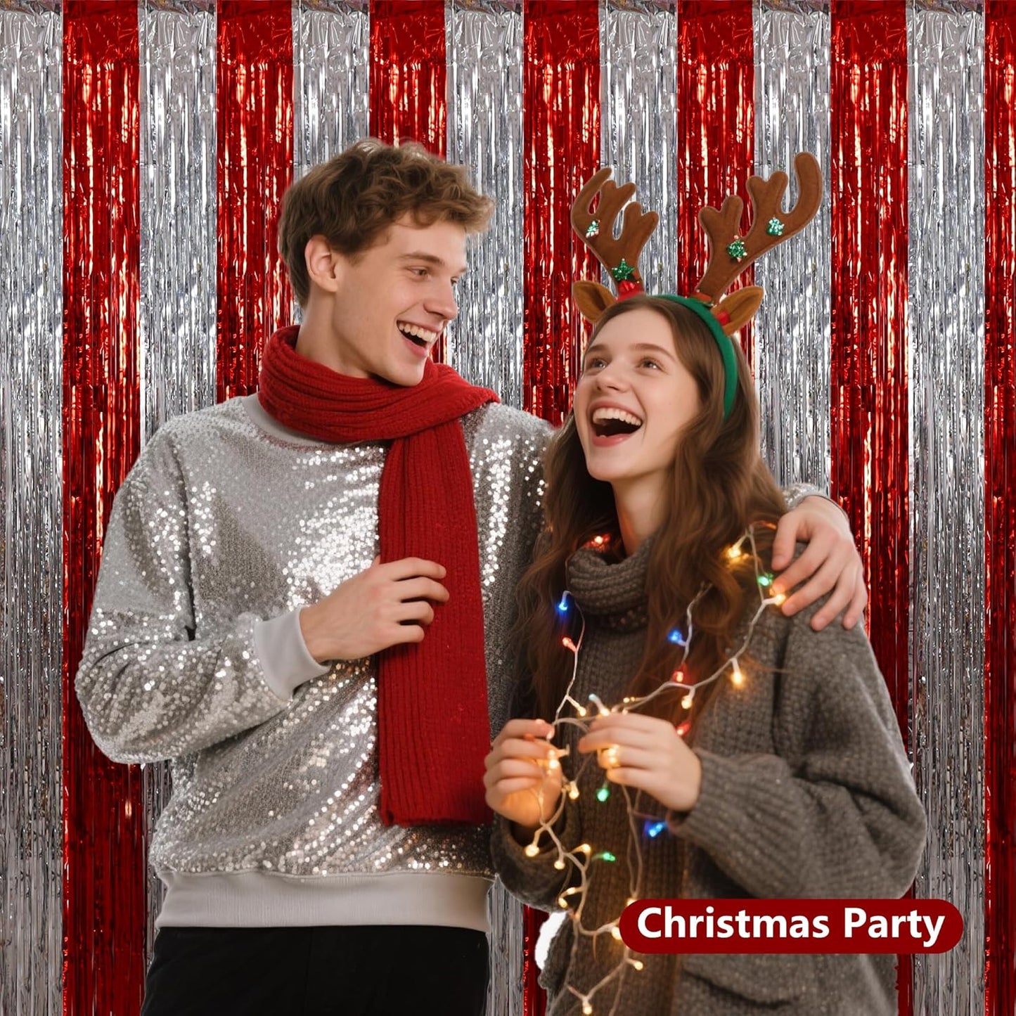 BEISHIDA Red Silver Door Streamers Backdrop Foil Fringe Tinsel Party Streamers Curtains Photo Backdrop - 2Pcs for Birthday Graduation Christmas Party Decoations