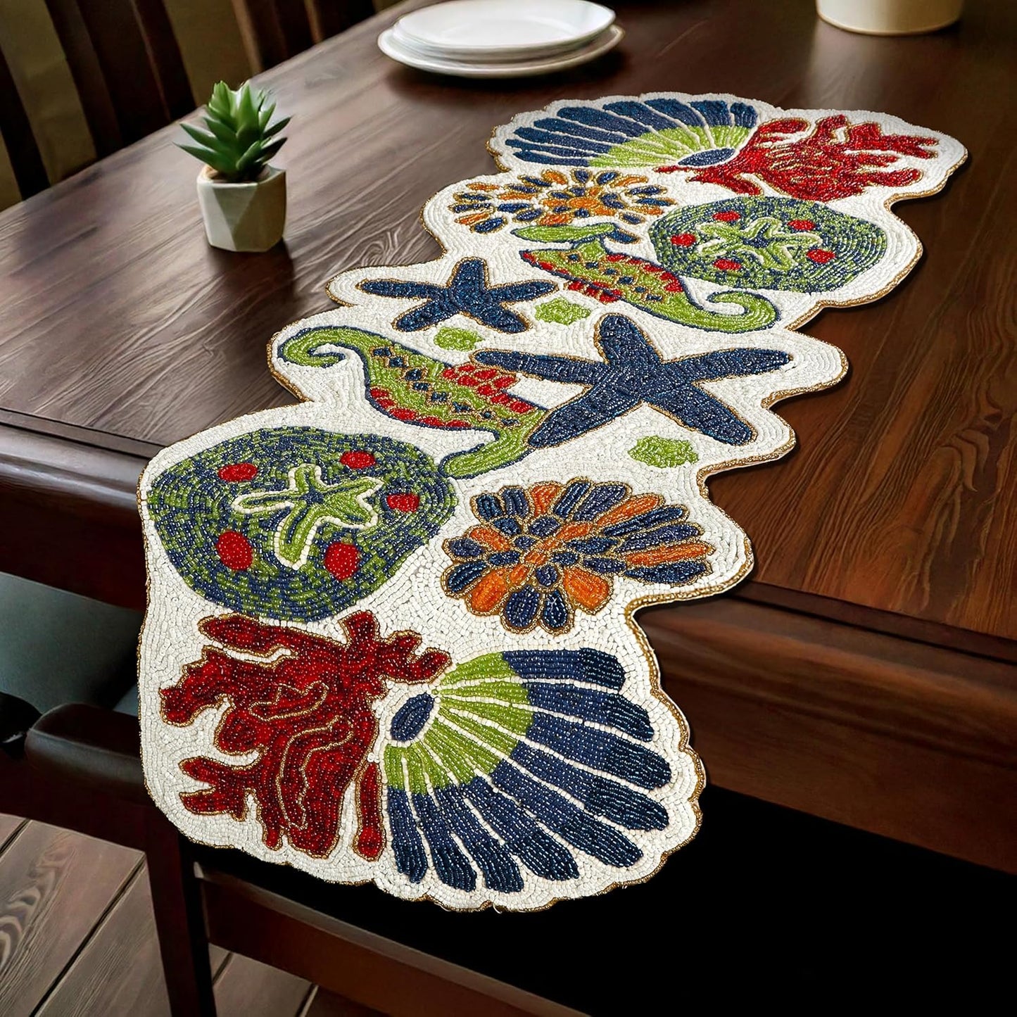 Handmade Beaded Coastal Table Runner -36" Ocean Theme Table Decor with Starfish, Seahorse, Coral, Shells -Nautical Table Centerpiece for Summer, Beach House, or Tropical Décor (Multi) - CLEENTABLE