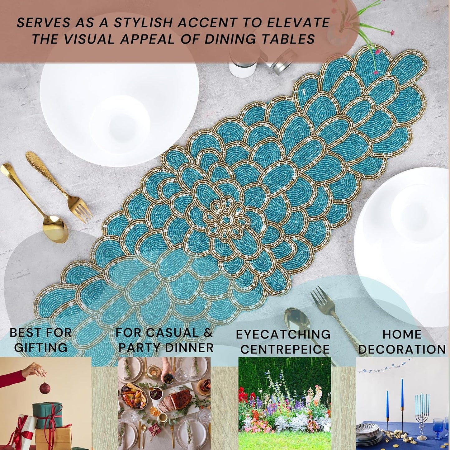 Beaded Table Runner 13 x 36 Inches - Handmade Decorative Dining Table Centerpiece with Glass Beads & Polyester Back, Elegant Runner for Weddings, Parties & Holiday Décor (Blue & Gold) - CLEENTABLE