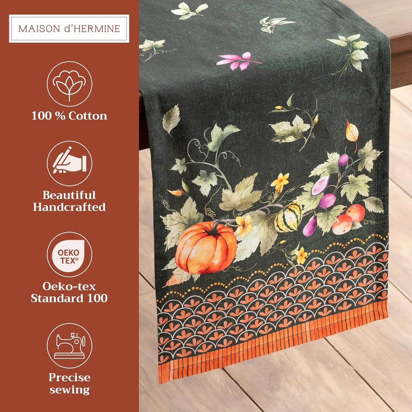 Maison d' Hermine Table runner 100% Cotton Single Layer Table Runners 72 inches long for Thanksgiving Christmas Decorations Home Kitchen Dining Party Wedding (Pumpkin Garden - Dark Green, 14.5" x 72")